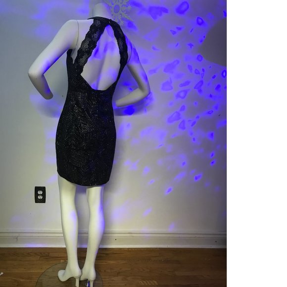 Le Chateau Black stretchy shiny sparkle rainbow metallic open back dress NWT - Picture 5 of 7